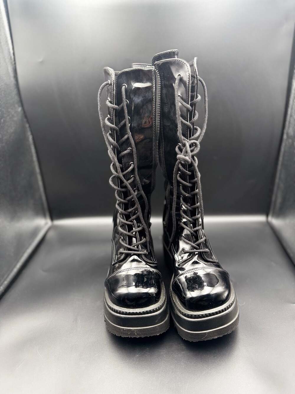Demonia Shaker-100 Black Patent Knee High Platform Boots Women's Size 7